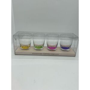 NEW STARBUCKS 4 Color Bottom Espresso Shot Glasses With Wooden Display Case.